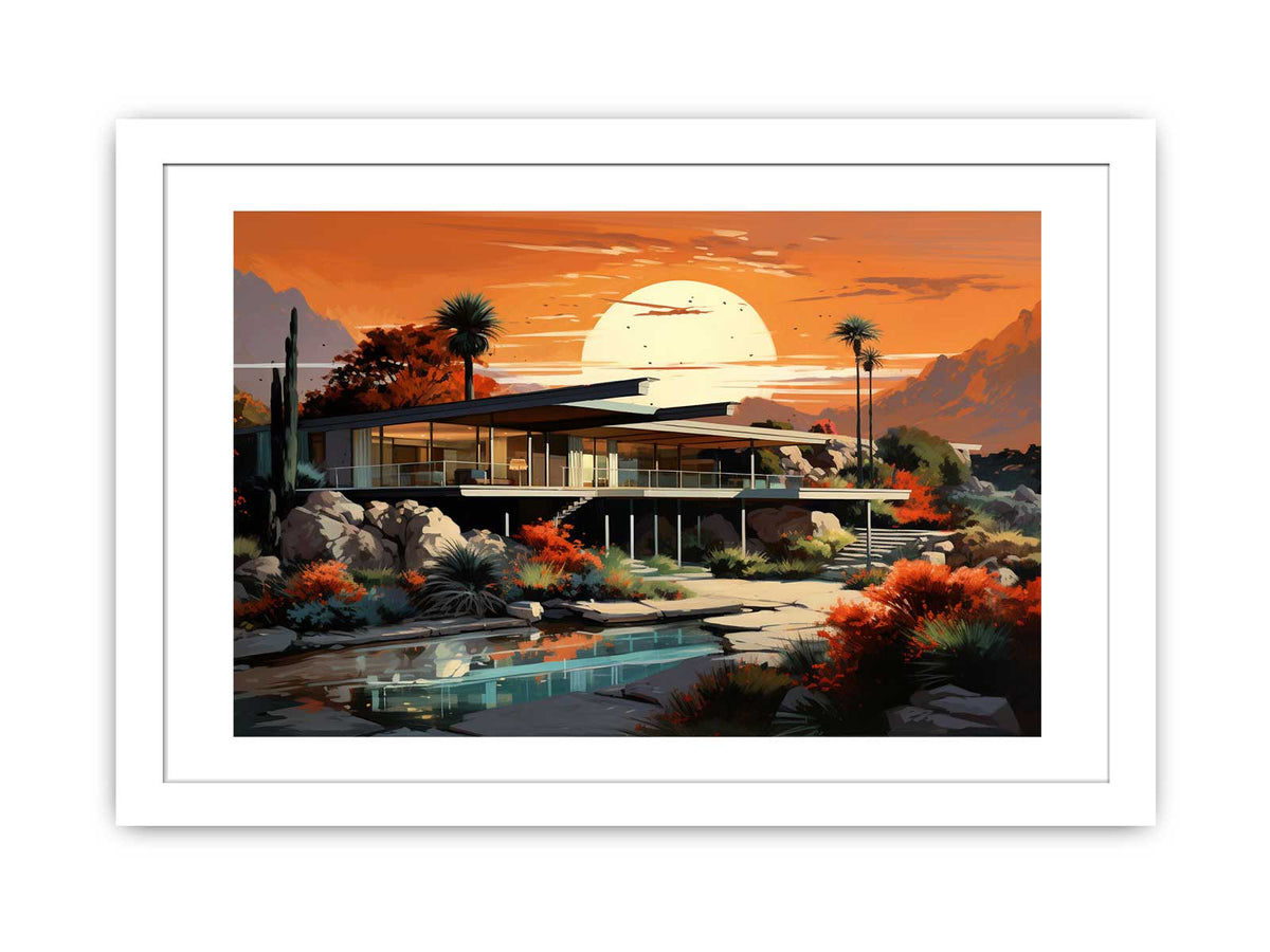 Mid-century desert house at orange sunset with pool and palms for modern living room decor.