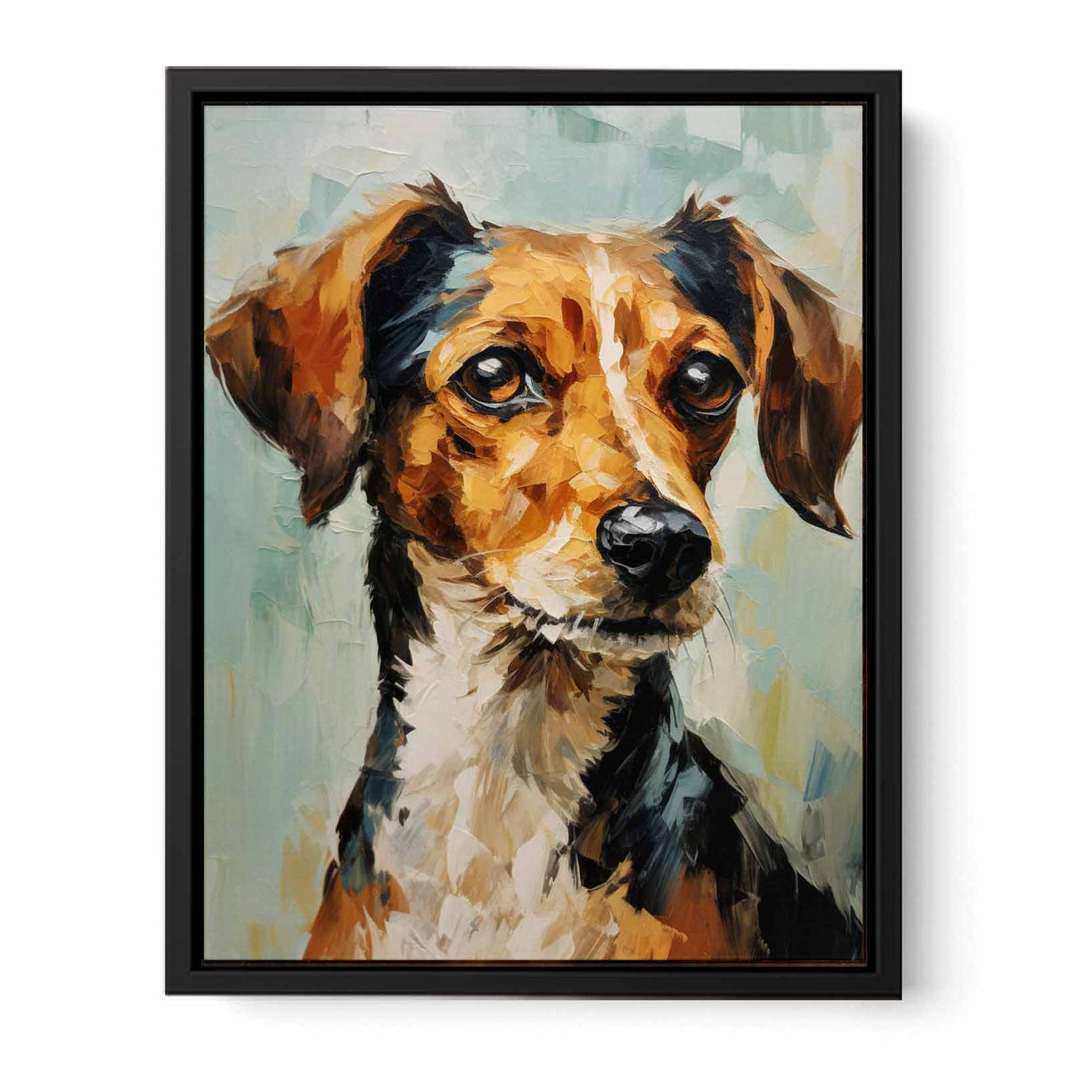 Expressive dog portrait painting with soft sage background for modern bedroom decor.