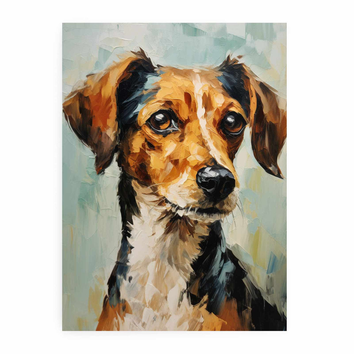 Expressive dog portrait painting with soft sage background for modern bedroom decor.