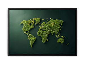 Green moss world map on deep emerald background for modern living room decor.