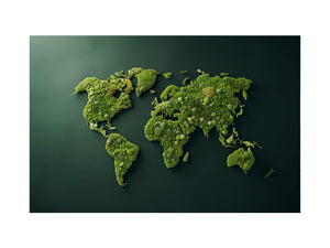 Green moss world map on deep emerald background for modern living room decor.