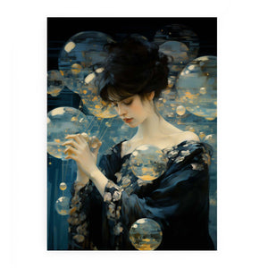 Mysterious woman with floating glass spheres in moody blue light for modern bedroom decor.