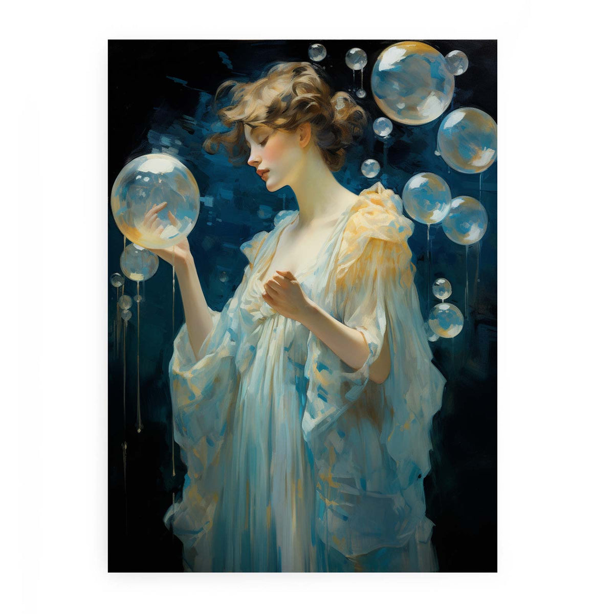 Ethereal woman in flowing white dress with luminous floating orbs for modern bedroom decor.