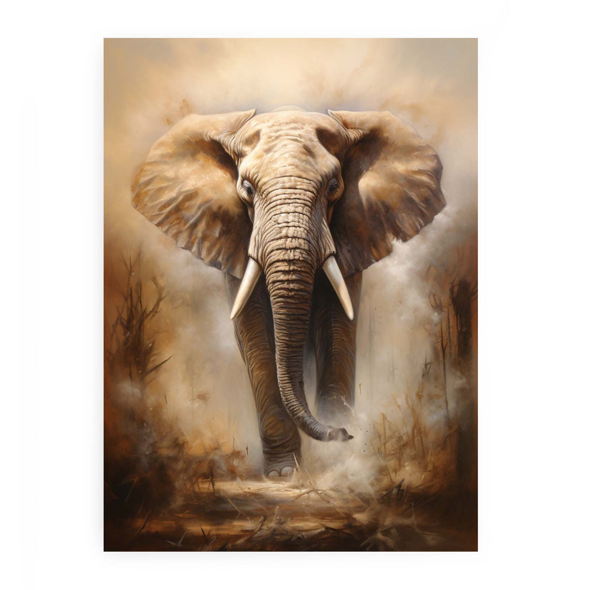 Elephant walking through warm dust and atmospheric wilderness for modern bedroom decor.