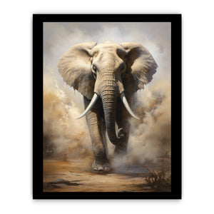 Charging elephant surrounded by storm dust and dramatic earth tones for modern bedroom decor.