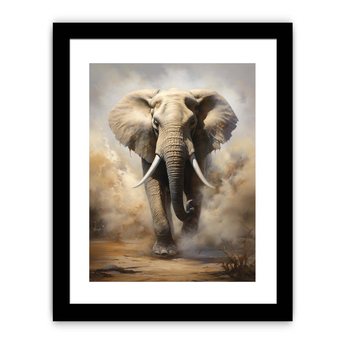 Charging elephant surrounded by storm dust and dramatic earth tones for modern bedroom decor.