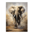 Charging elephant surrounded by storm dust and dramatic earth tones for modern bedroom decor.