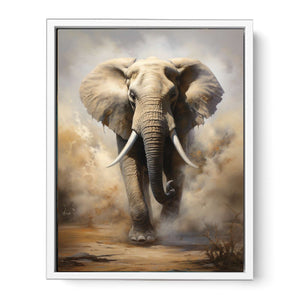 Charging elephant surrounded by storm dust and dramatic earth tones for modern bedroom decor.