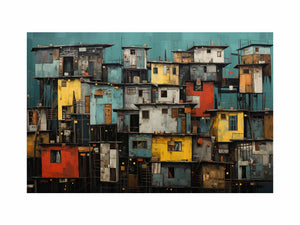 Layered urban homes with teal background and industrial details for modern living room decor.