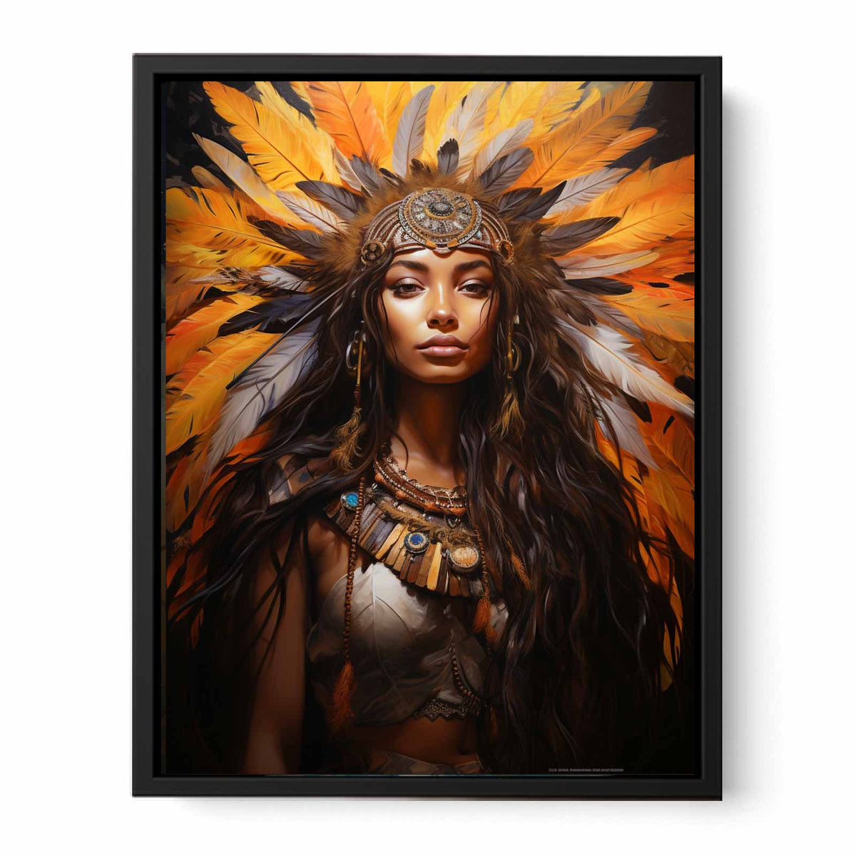 Confident woman portrait with feather headdress and warm tribal palette for modern bedroom decor.