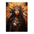 Confident woman portrait with feather headdress and warm tribal palette for modern bedroom decor.