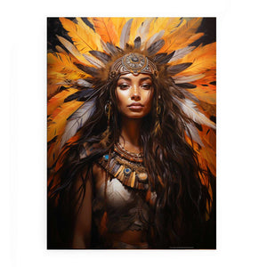 Confident woman portrait with feather headdress and warm tribal palette for modern bedroom decor.