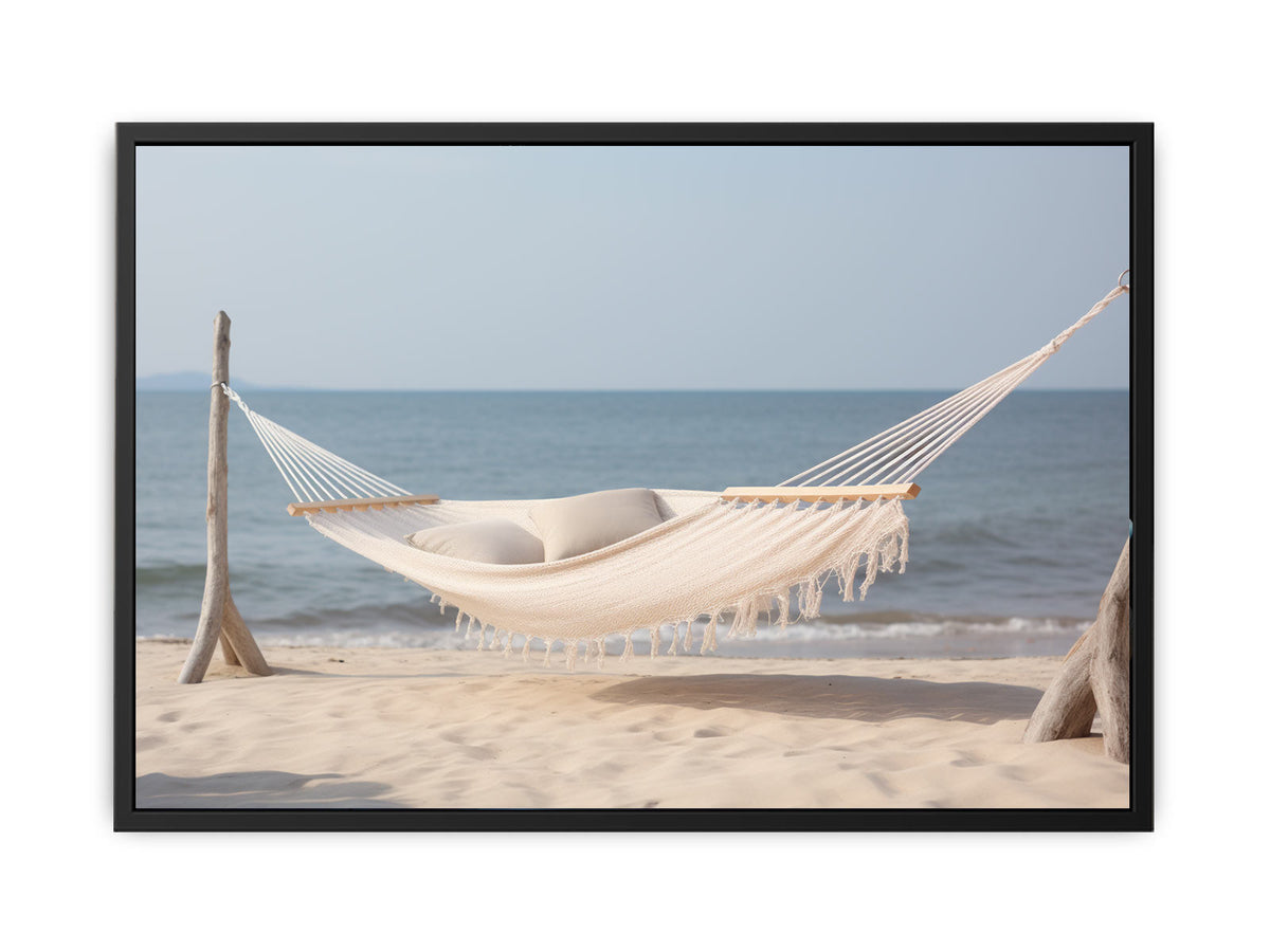 Cream hammock beach canvas art for relaxed coastal living room decor.