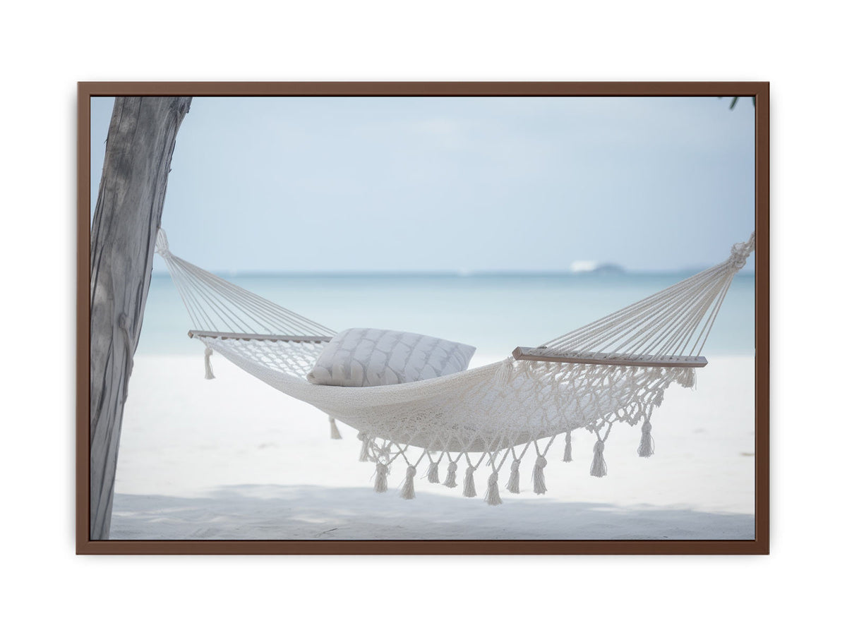 White beach hammock canvas art for calm coastal bedroom decor.