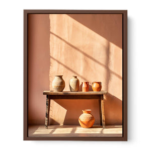 Terracotta ceramic jug still life canvas art for warm dining room decor.