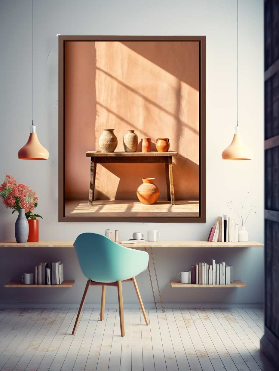Terracotta ceramic jug still life canvas art for warm dining room decor.