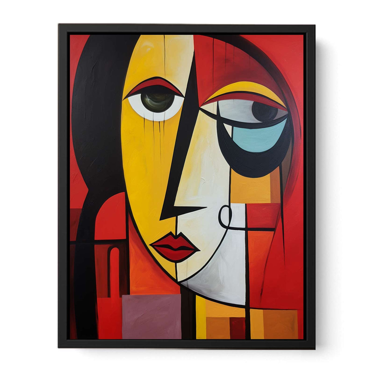 Expressionist abstract portrait canvas art in red, yellow, black and aqua for bold modern room decor.