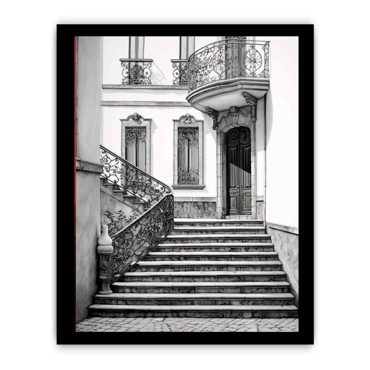 Black and white Parisian staircase architecture art with ornate ironwork for elegant hallway decor.