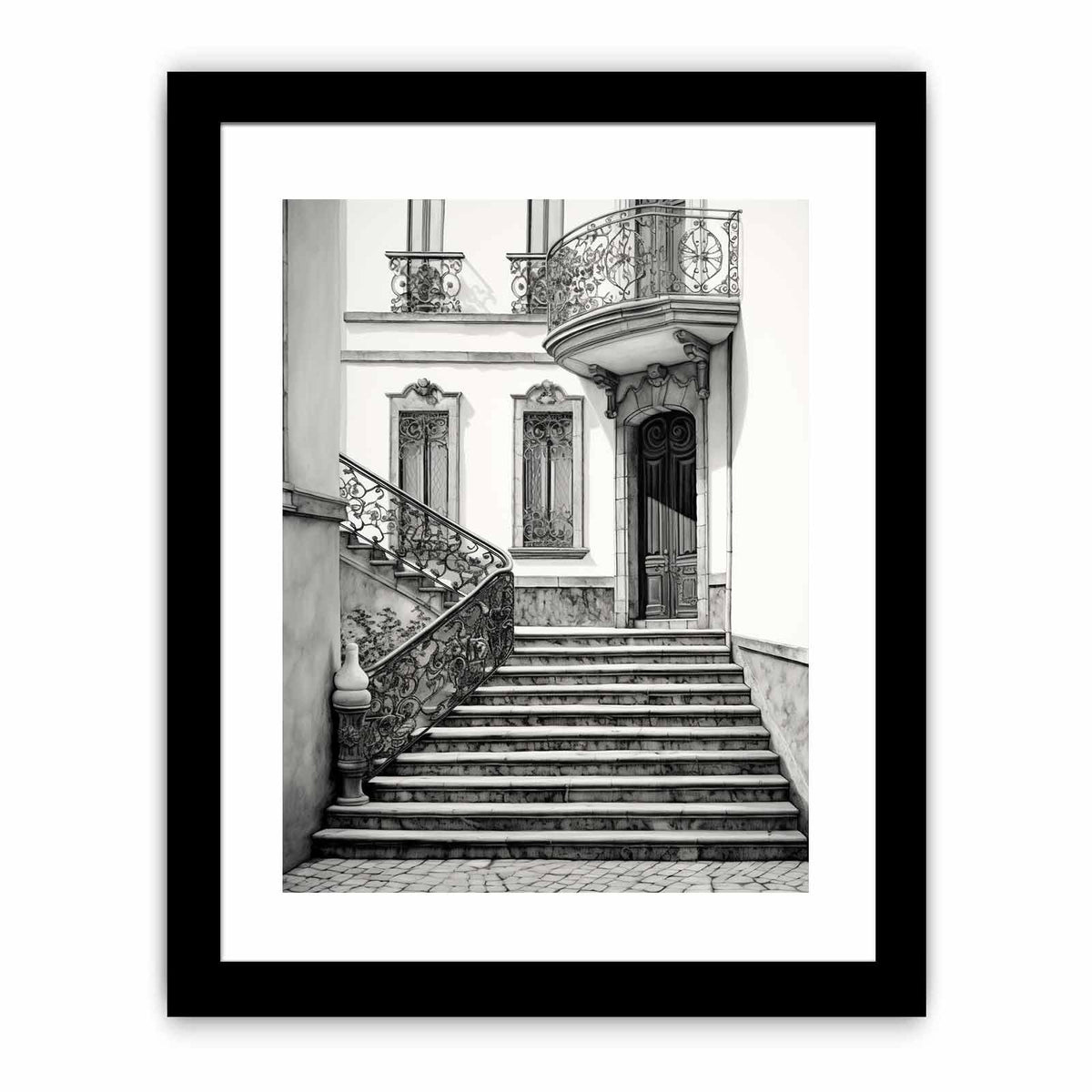 Black and white Parisian staircase architecture art with ornate ironwork for elegant hallway decor.