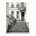 Black and white Parisian staircase architecture art with ornate ironwork for elegant hallway decor.
