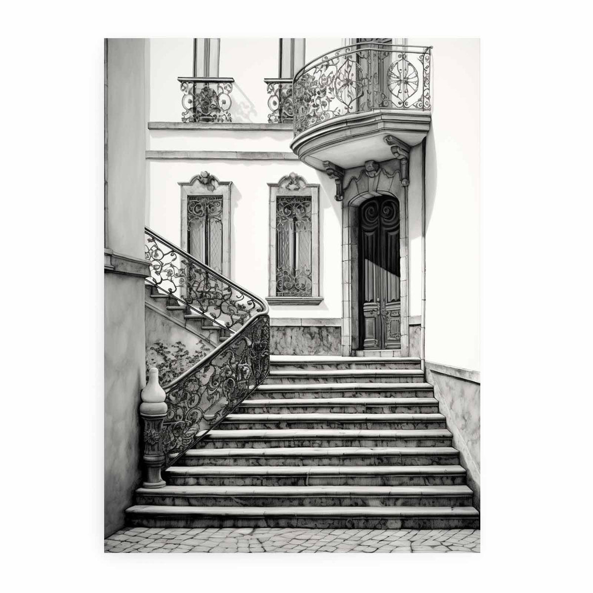 Black and white Parisian staircase architecture art with ornate ironwork for elegant hallway decor.