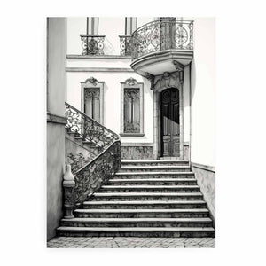 Black and white Parisian staircase architecture art with ornate ironwork for elegant hallway decor.