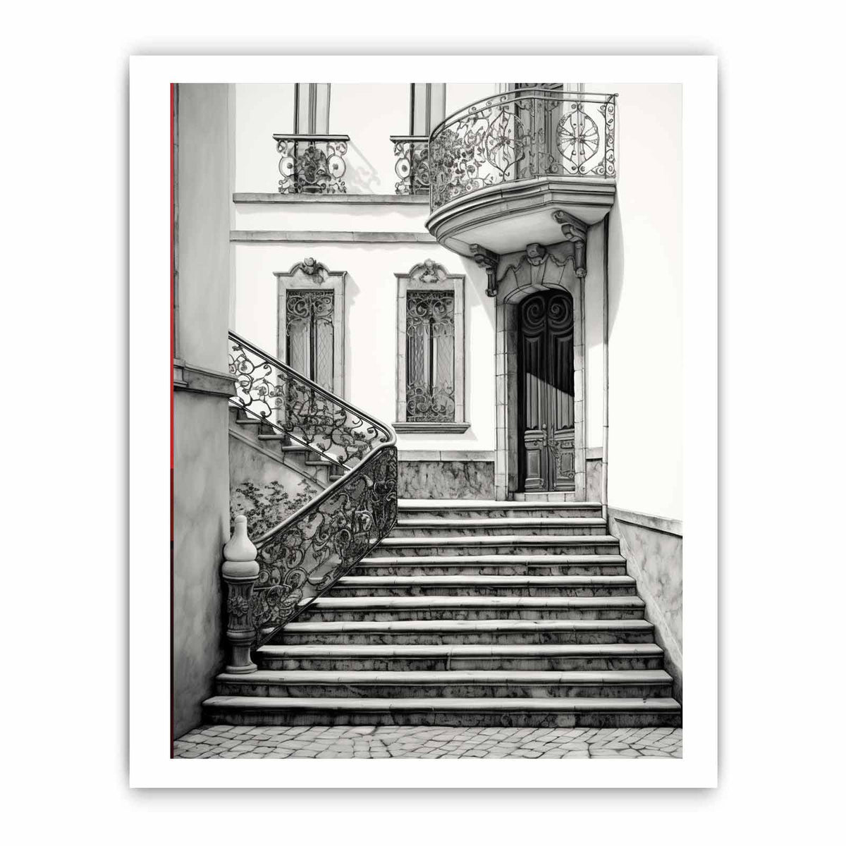 Black and white Parisian staircase architecture art with ornate ironwork for elegant hallway decor.