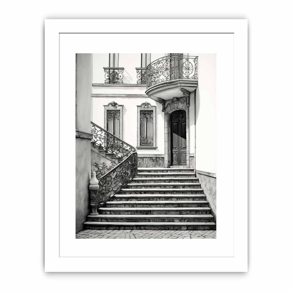 Black and white Parisian staircase architecture art with ornate ironwork for elegant hallway decor.