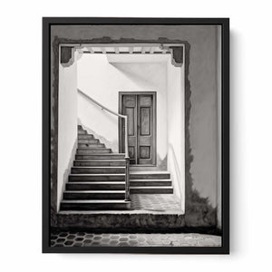 Black and white architectural staircase wall art with Parisian steps and doorway for refined hallway decor.
