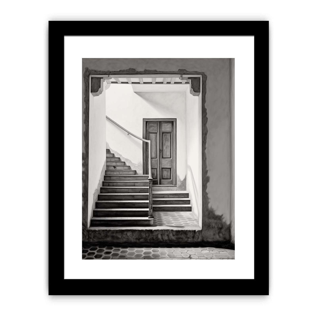 Black and white architectural staircase wall art with Parisian steps and doorway for refined hallway decor.