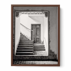Black and white architectural staircase wall art with Parisian steps and doorway for refined hallway decor.