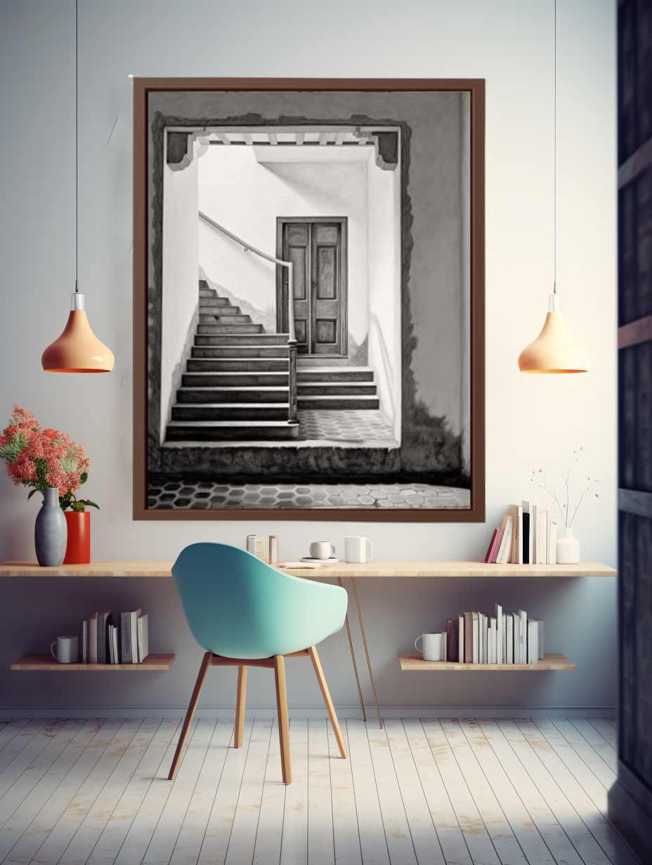 Black and white architectural staircase wall art with Parisian steps and doorway for refined hallway decor.