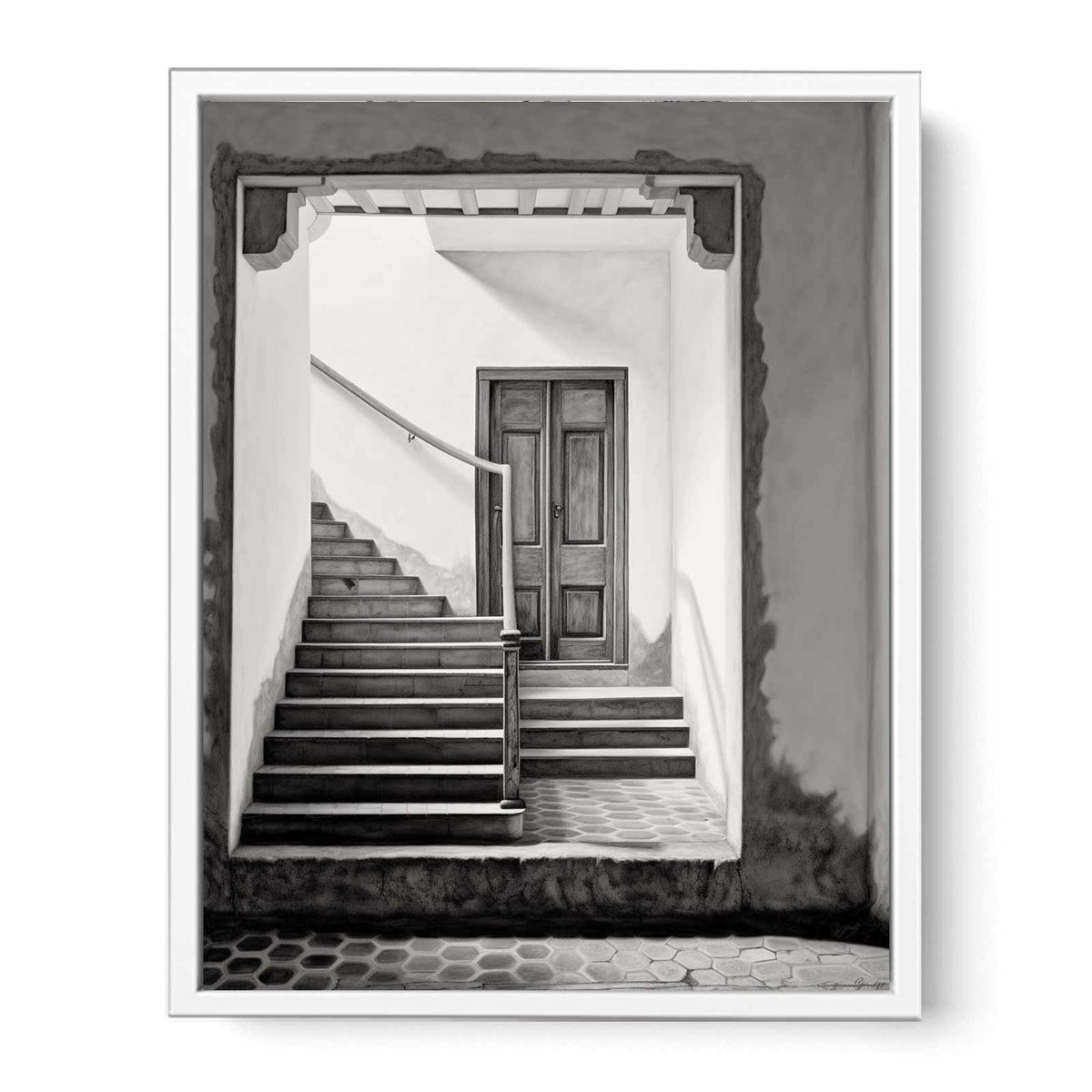 Black and white architectural staircase wall art with Parisian steps and doorway for refined hallway decor.