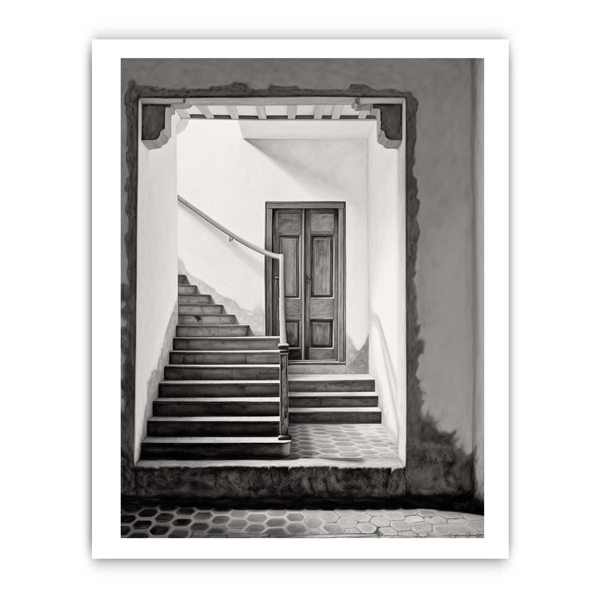 Black and white architectural staircase wall art with Parisian steps and doorway for refined hallway decor.