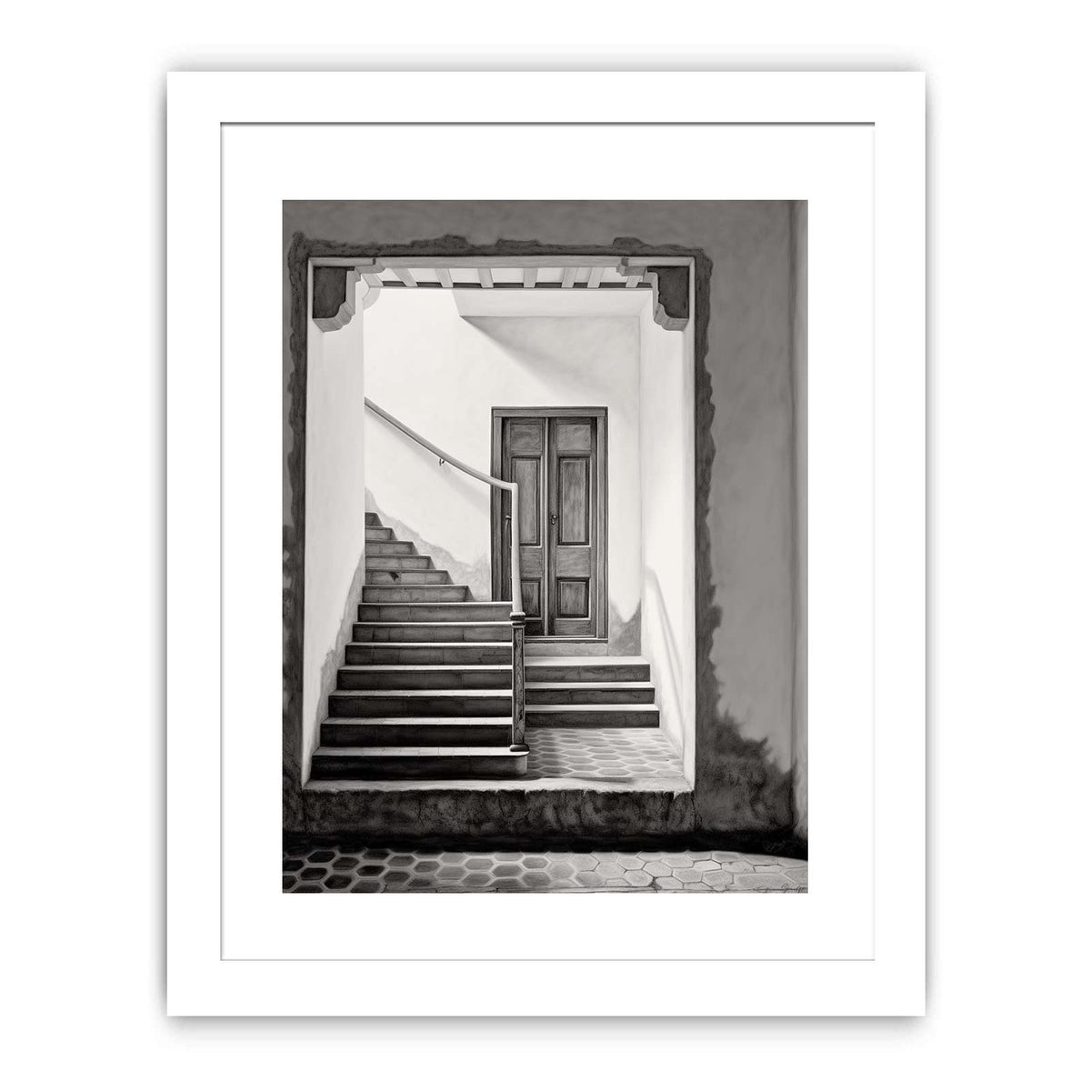 Black and white architectural staircase wall art with Parisian steps and doorway for refined hallway decor.