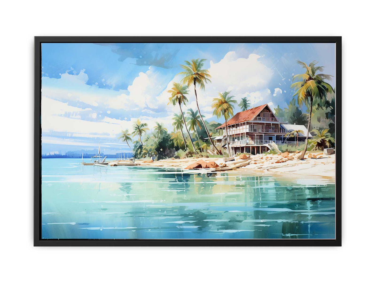 Tropical beach house canvas art with palm trees, turquoise water and boats for coastal living room decor.