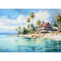 Tropical beach house canvas art with palm trees, turquoise water and boats for coastal living room decor.