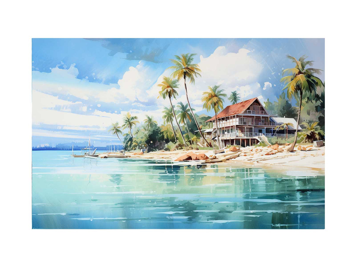 Tropical beach house canvas art with palm trees, turquoise water and boats for coastal living room decor.