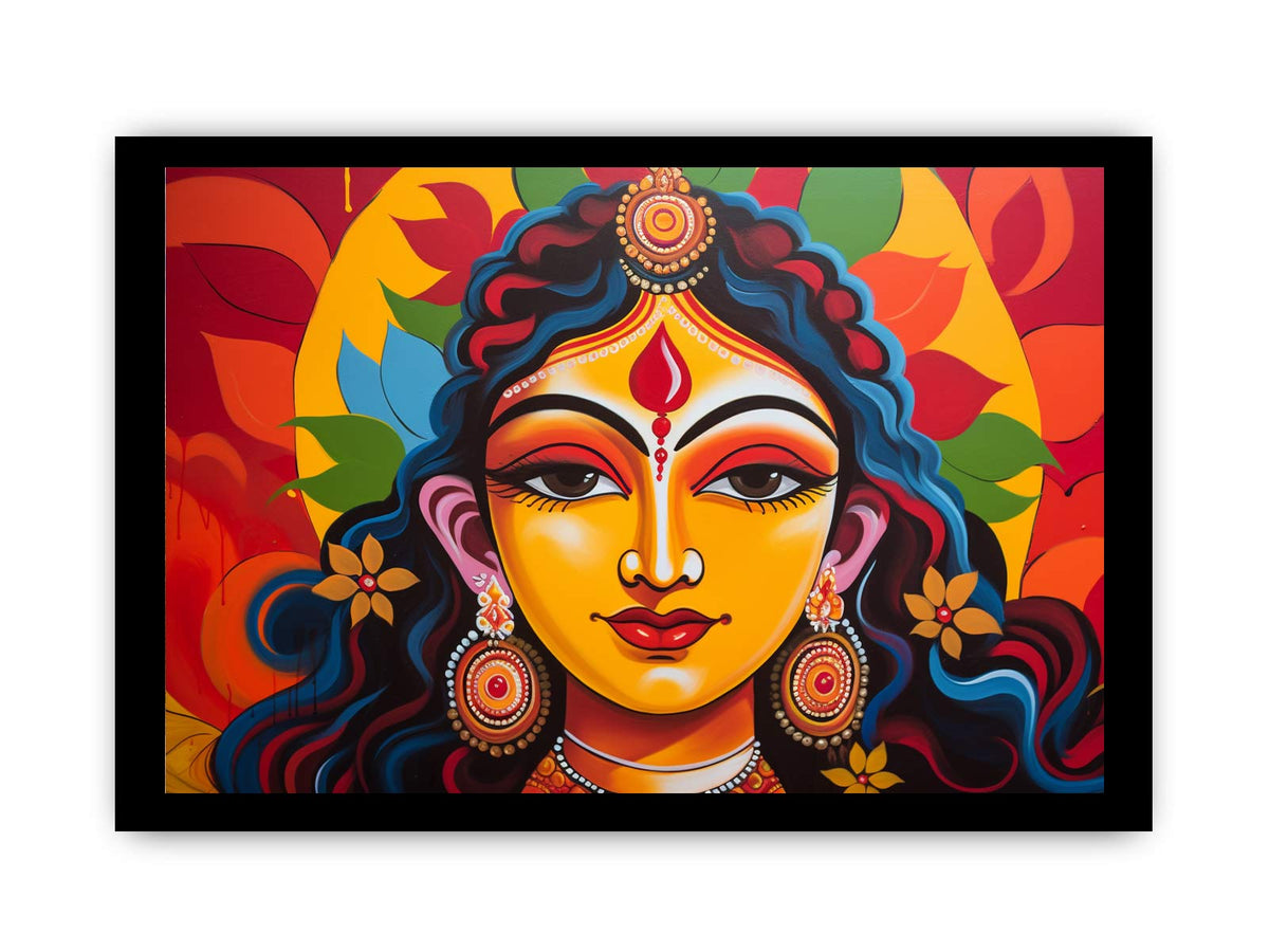 Colorful goddess portrait wall art for bold modern living room decor.
