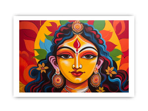 Colorful goddess portrait wall art for bold modern living room decor.