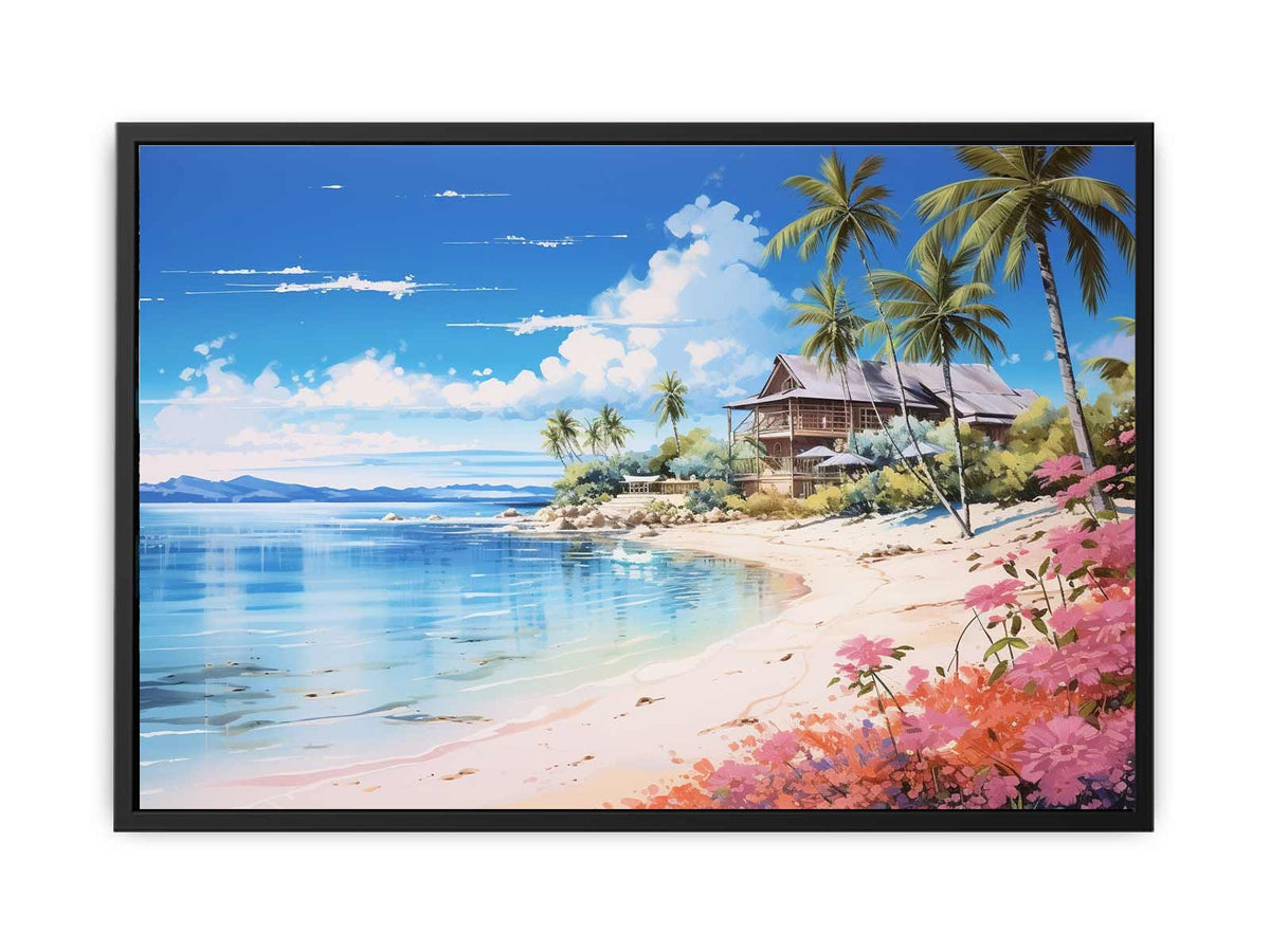Coastal beach house canvas print with palm trees, blue lagoon water and flowers for relaxed home decor.