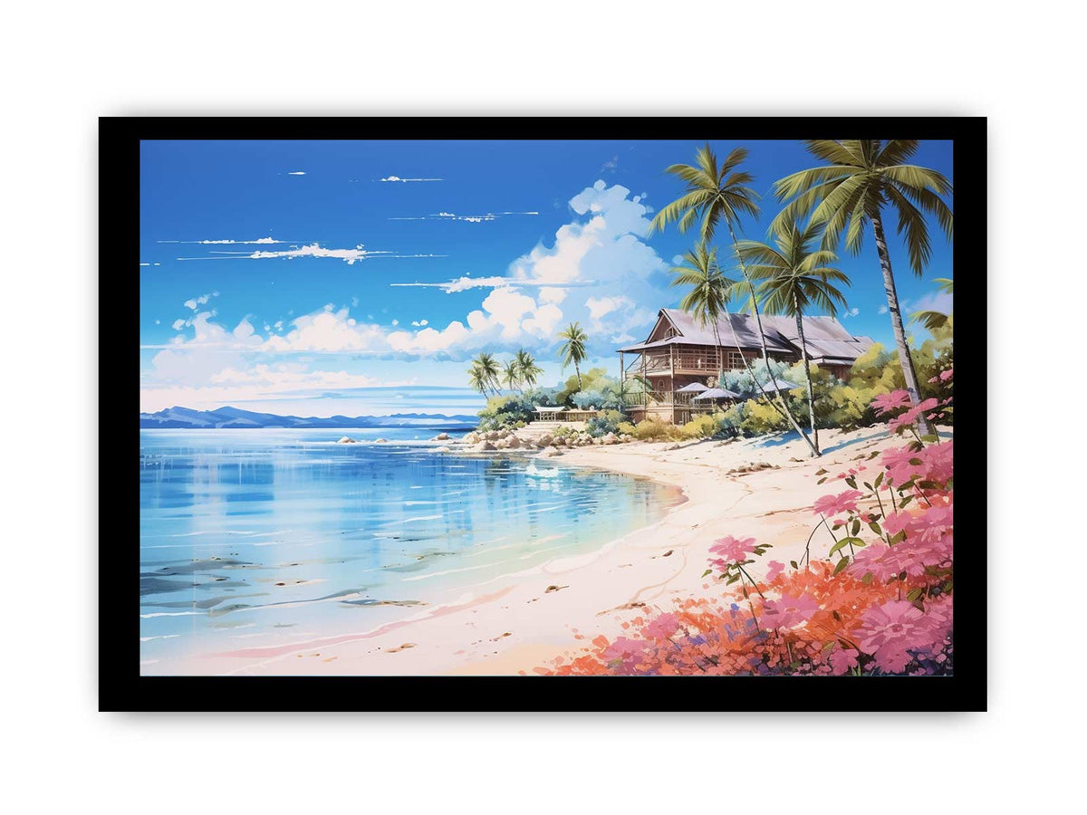 Coastal beach house canvas print with palm trees, blue lagoon water and flowers for relaxed home decor.