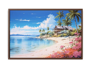 Coastal beach house canvas print with palm trees, blue lagoon water and flowers for relaxed home decor.