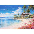 Coastal beach house canvas print with palm trees, blue lagoon water and flowers for relaxed home decor.