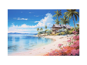 Coastal beach house canvas print with palm trees, blue lagoon water and flowers for relaxed home decor.