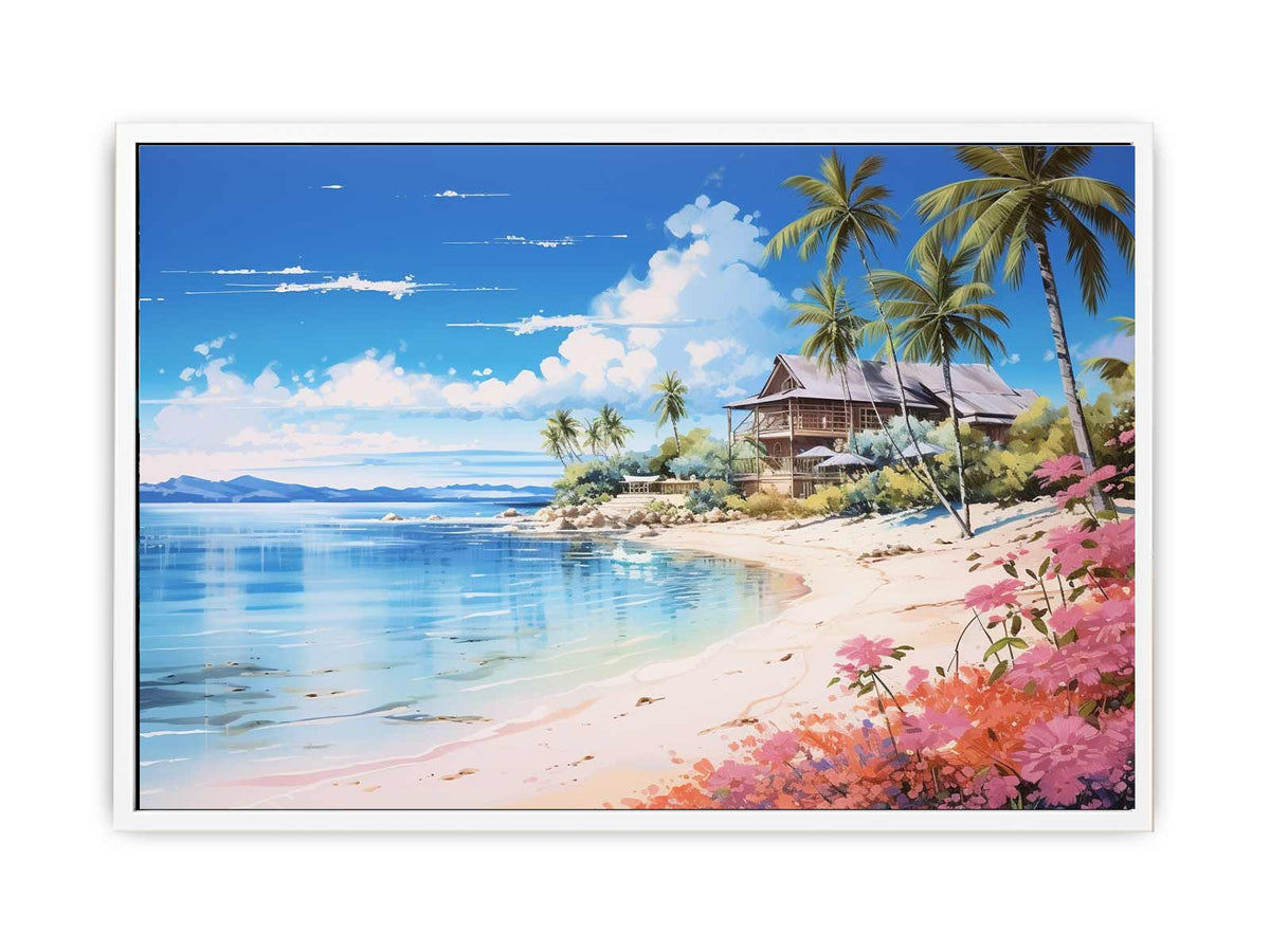 Coastal beach house canvas print with palm trees, blue lagoon water and flowers for relaxed home decor.