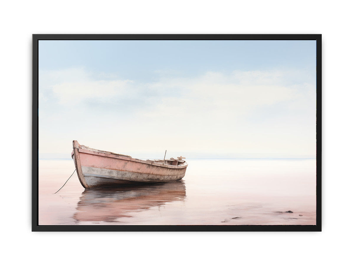 Minimal pink boat canvas art on calm water with soft reflections for serene coastal bedroom decor.