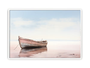 Minimal pink boat canvas art on calm water with soft reflections for serene coastal bedroom decor.