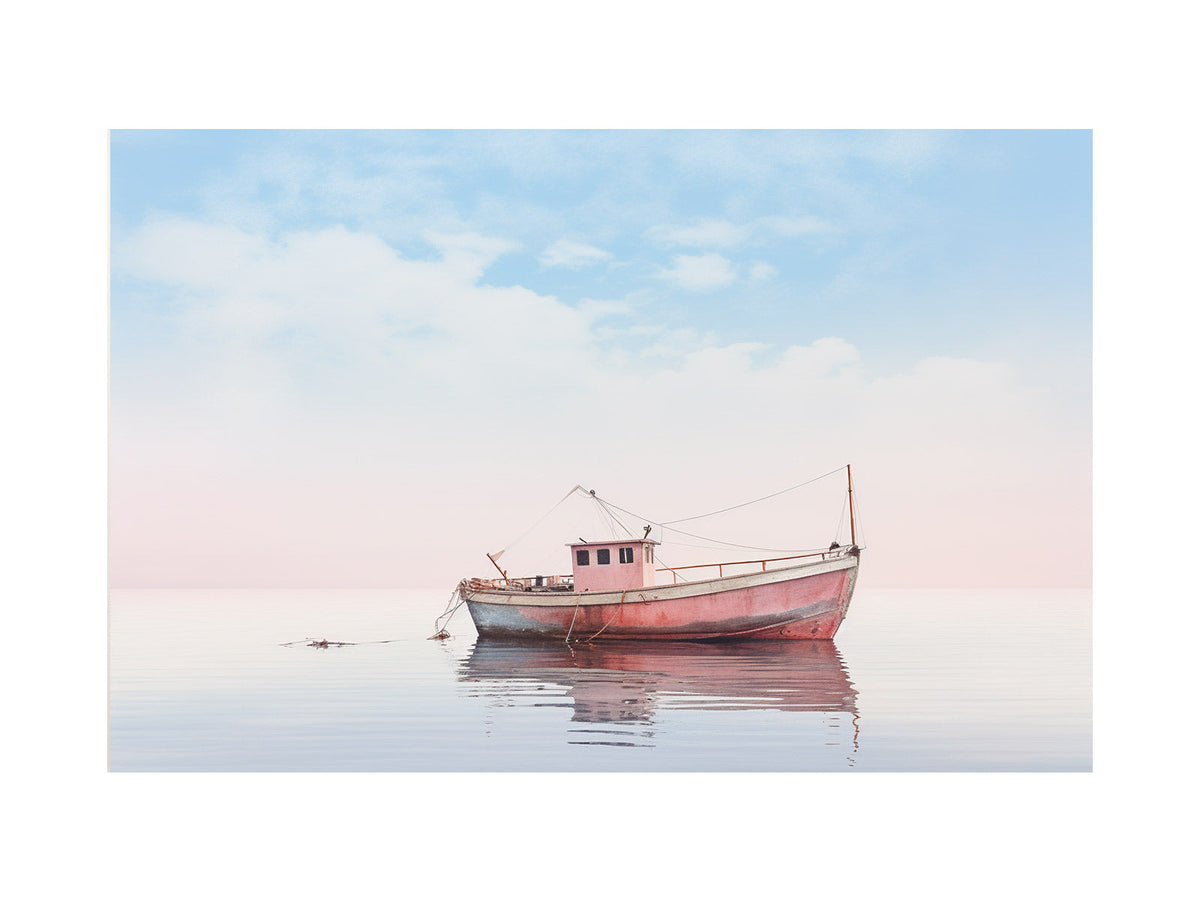 Minimal coastal boat canvas art with pastel pink vessel, calm water and soft blue sky for bedroom decor.