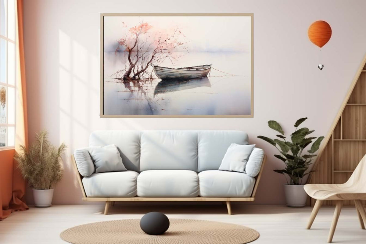 Soft watercolor boat artwork with blush tree branches and reflections for serene coastal bedroom wall decor.